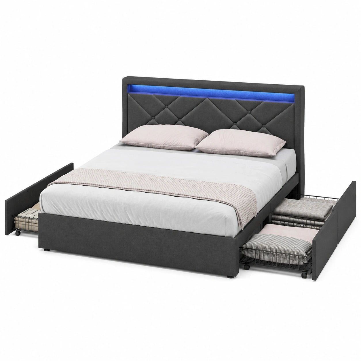 VASAGLE Polsterbett 180 x 200 cm mit LED, Metallrahmen und 4 Schubladen, Ladestation, verstellbares Kopfteil, dunkelgrau