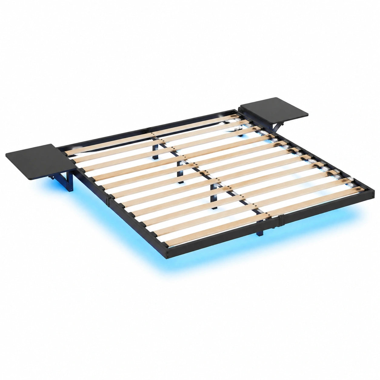 Schwebendes Metallbett 160x200 mit LED-Licht und Ladestation, Doppelbett in Schwarz, inklusive Lattenrost und Regalfächer