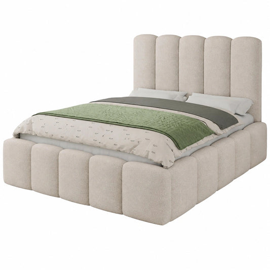 Polsterbett Aura mit Bettkasten und Lattenrost, Doppelbett, Beige Bouclé-Stoff (180x200 cm)