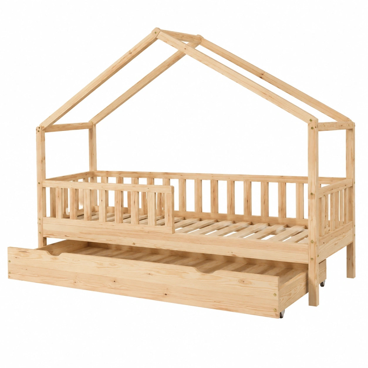 Kindermöbel Hausbett 100x200 cm aus Massivholz mit Ausziehbett und Sicherheitsbarriere