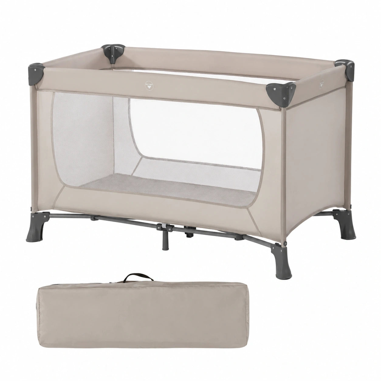Hauck Reisebett Dream N Play Beige - Kompaktes Babybett mit Tragetasche, ab Geburt bis 15 kg, Einfach faltbar mit großen Netzfenstern