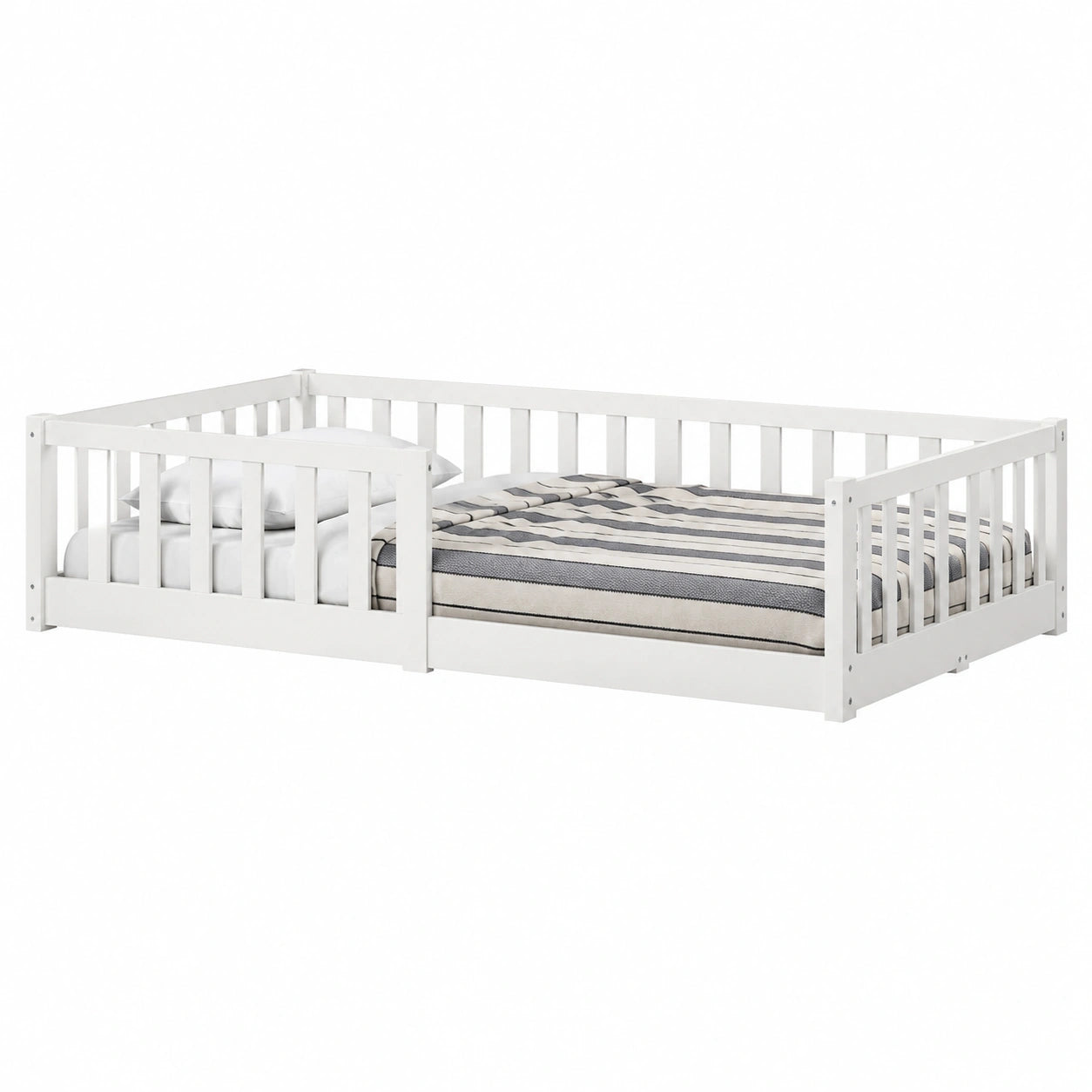 Montessori-Bodenbett 120x200 cm aus Kiefernholz mit Rausfallschutz - Kinderbett Weiß