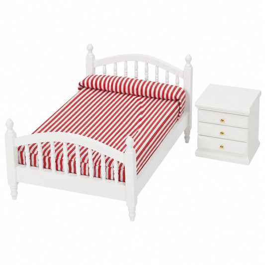 Miniatur Puppenhaus Schlafzimmer Set: Bett mit Matratze und Holz Nachttisch