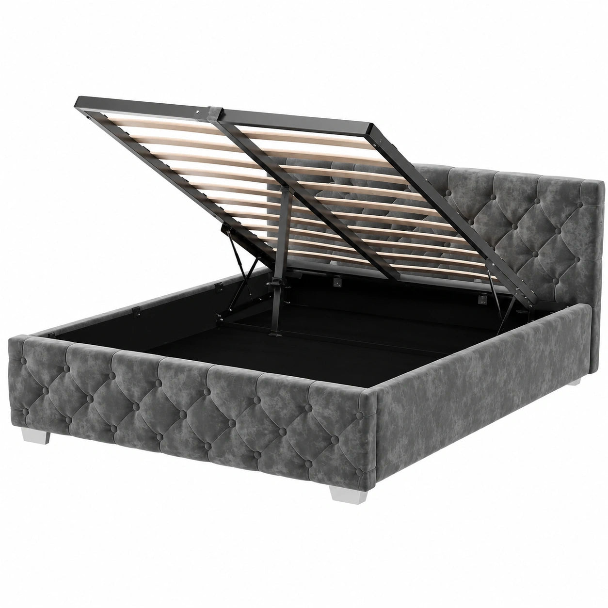 Elegantes Polsterbett mit Stauraum und LED, Samtbezug 120x200 cm, Chesterfield-Design, Grau