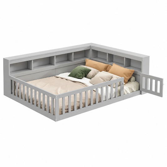 Kinderbett 140x200 cm mit Rausfallschutz und USB-Anschluss, graues Holzbett mit Stauraum, Jugendbett ohne Matratze