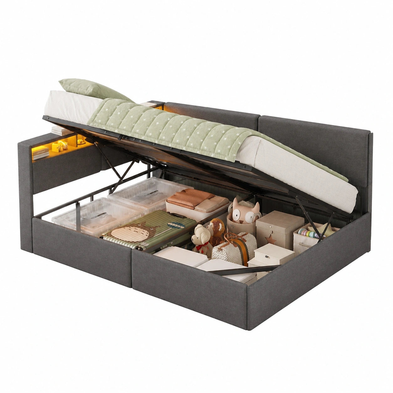 AOGLLATI Multifunktionales Polsterbett 140x200 mit USB & LED, Stauraum und Lattenrost, Leinen Dunkelgrau