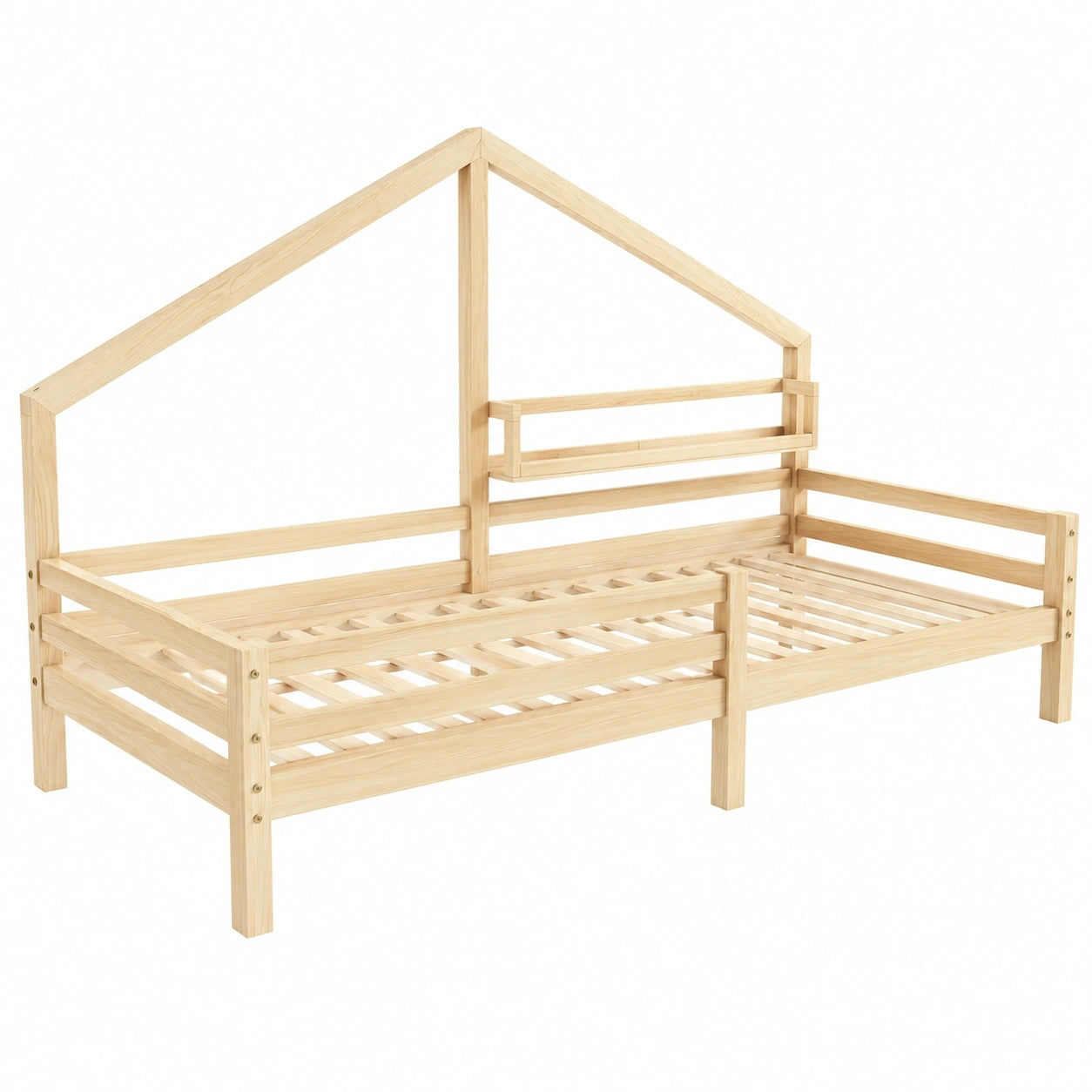 Merax 90x200cm Kinderhausbett mit Geländer und Regal, Massives Holzspielbett, Lattenrost für Jungen und Mädchen, Natur