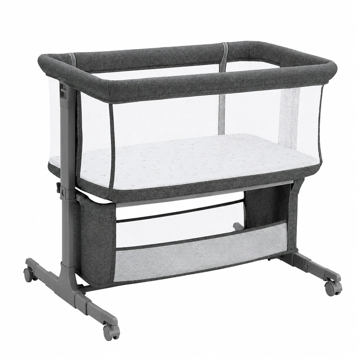 Baby Beistellbett mit Rollen und Aufbewahrungskorb, 7-fach Höhenverstellbar, Dunkelgrau