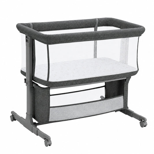 Baby Beistellbett mit Rollen und Aufbewahrungskorb, 7-fach Höhenverstellbar, Dunkelgrau