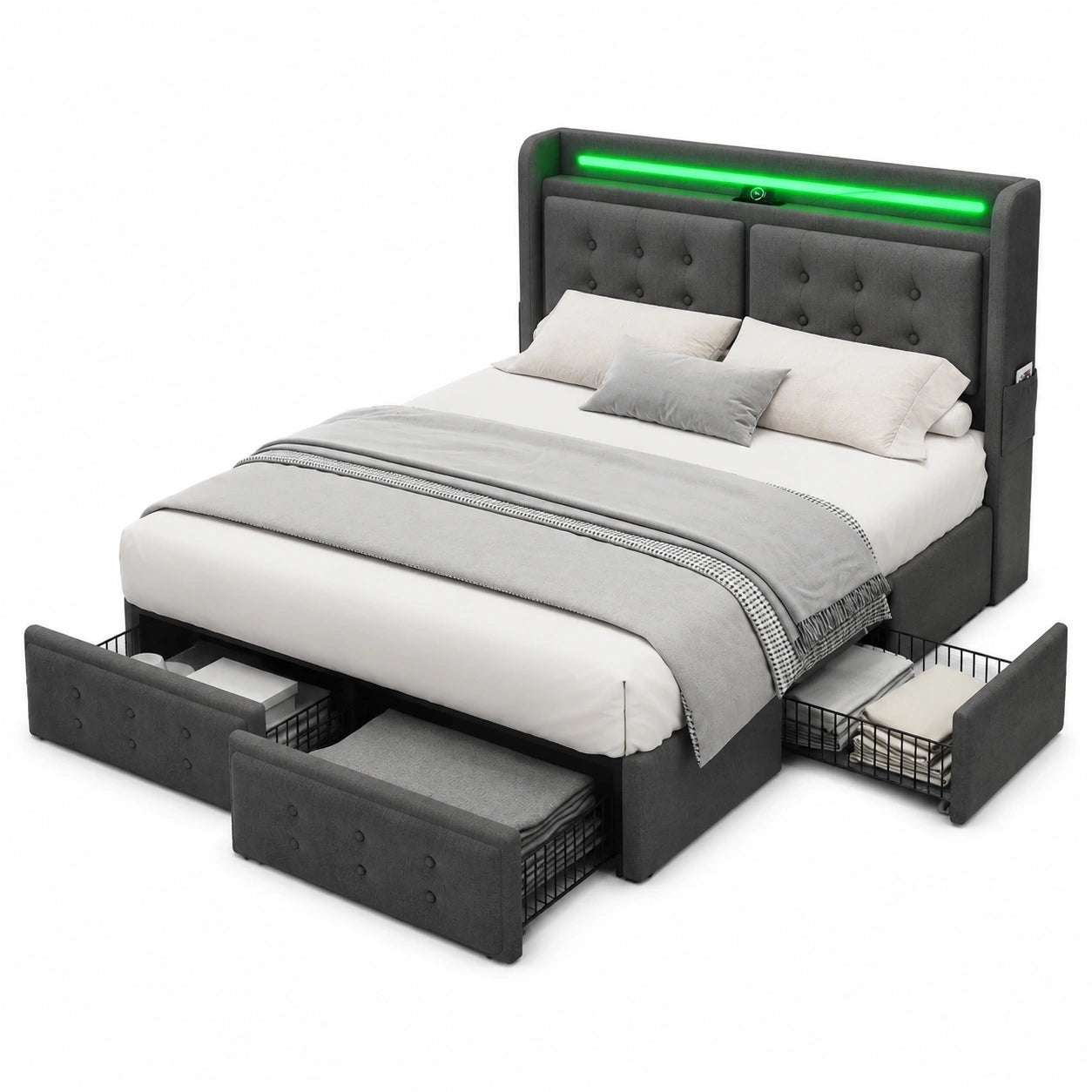 Modernes Polsterbett 140x200 cm mit LED, Stauraum und USB-Typ-C, Grau
