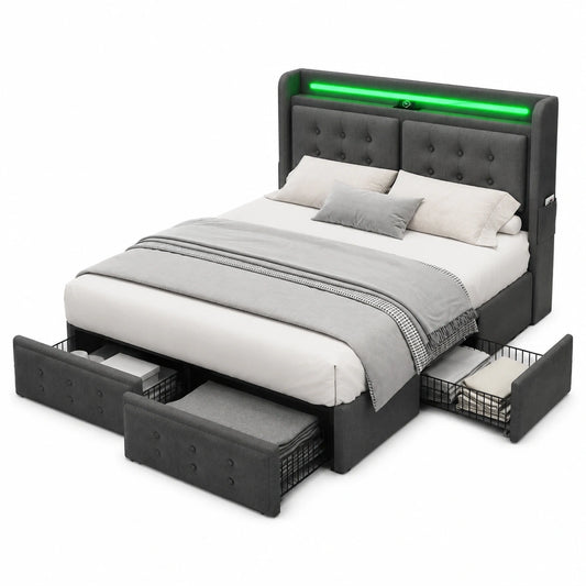 Modernes Polsterbett 140x200 cm mit LED, Stauraum und USB-Typ-C, Grau
