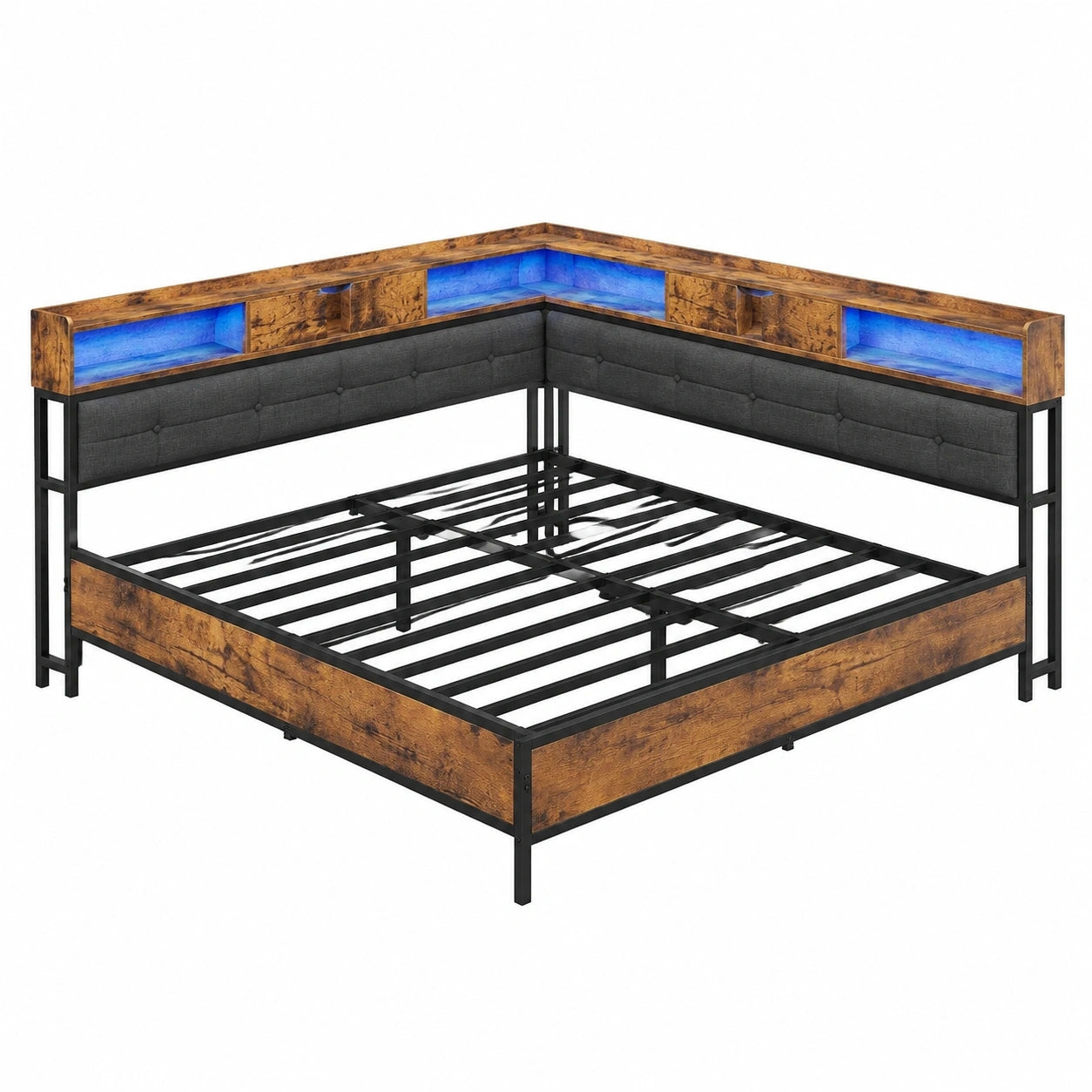 Modernes Polsterbett Schlafsofa 140x200 mit LED und Stauraum, Gästebett mit Steckdosen, Metallrahmen ohne Matratze, Grau