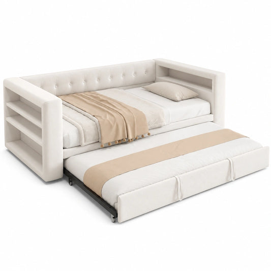 Multifunktionales Schlafsofa mit Ausziehbett und Stauraum, Flanell, Beige