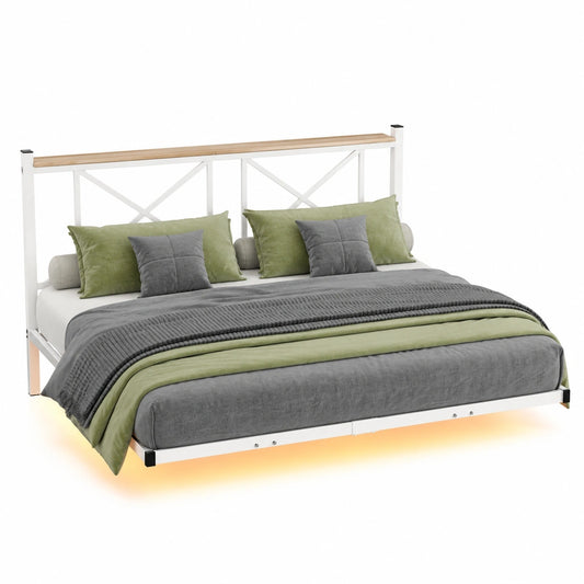 Modernes Doppelbett 140x200 mit LED, USB und Steckdose, schwebendes Metallgestell, Weiß