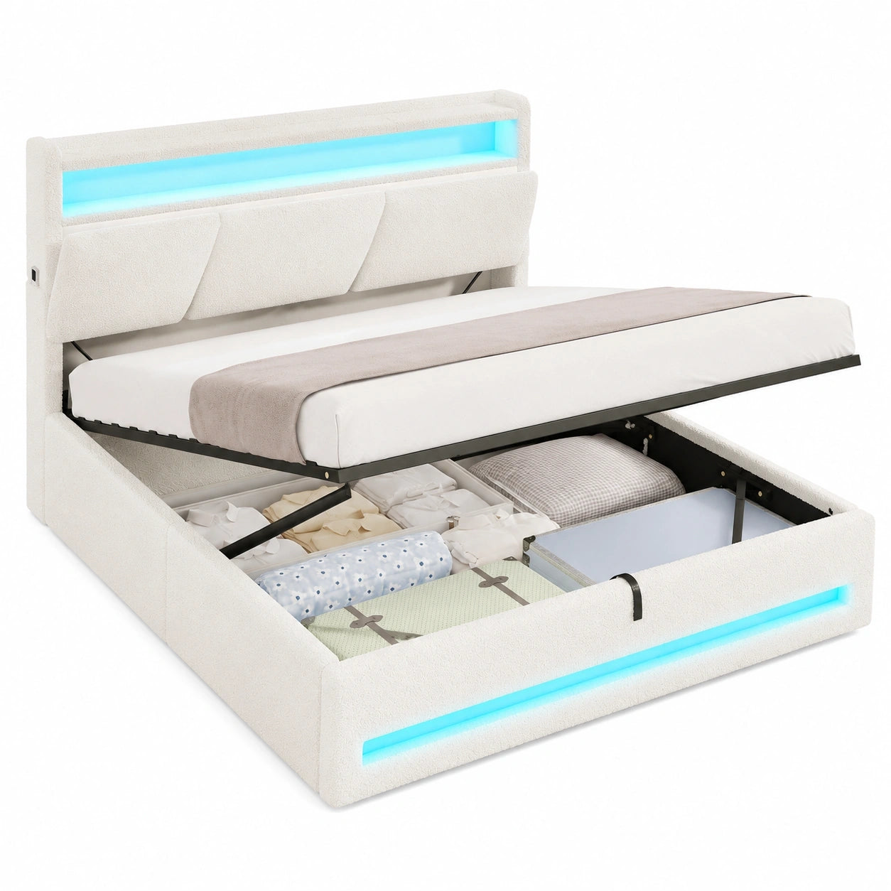 AOGLLATI Polsterbett 140x200 mit LED und Steckdosen, Bett mit Stauraum und Hydraulikrahmen, Bouclé Beige
