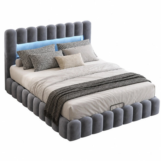BRILVERDE Gepolstertes Samtbett mit Stauraum und LED, 180x200 cm, inkl. Kopfteil und USB-Anschluss, Grau