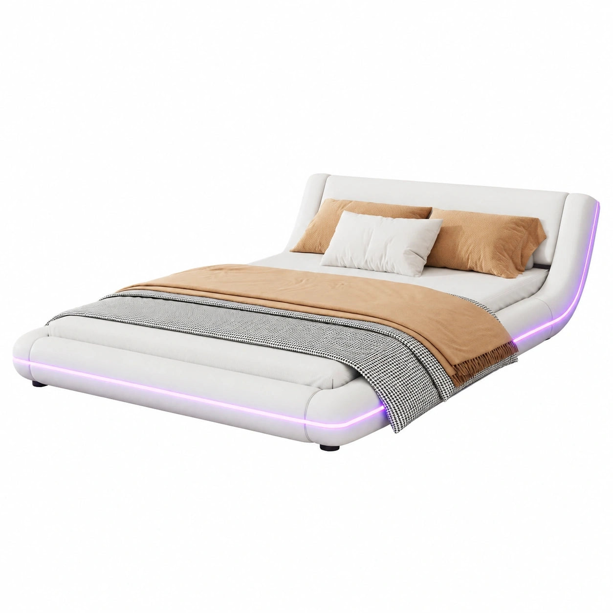 Modernes Polsterbett 140x200 cm mit LED und Lattenrost, Weiß, ohne Matratze