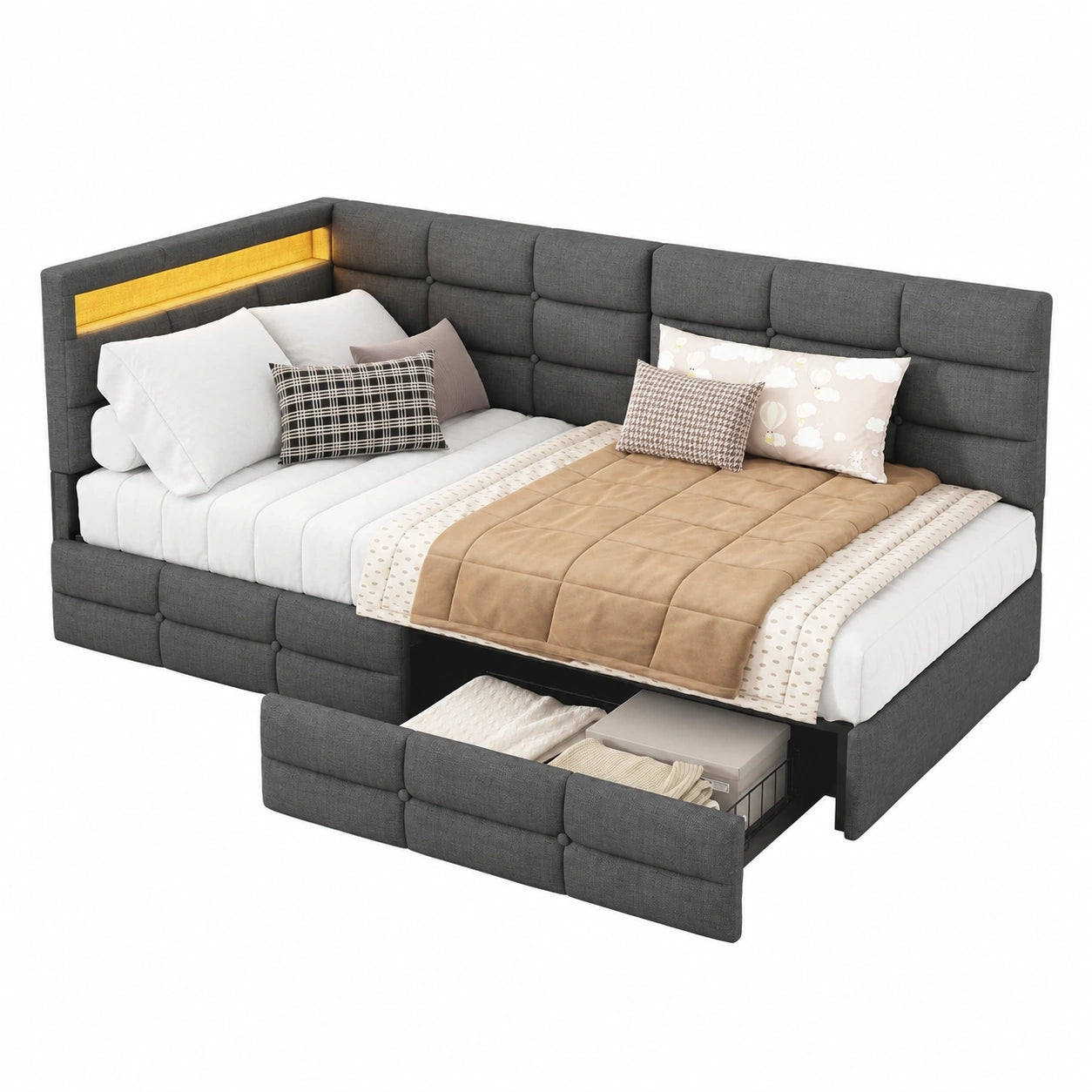 Modernes 90x200 cm Polster-Schlafsofa mit LED & USB, Ausziehbett für Gäste oder Jugendliche, graues Leinen, inkl. Lattenrost