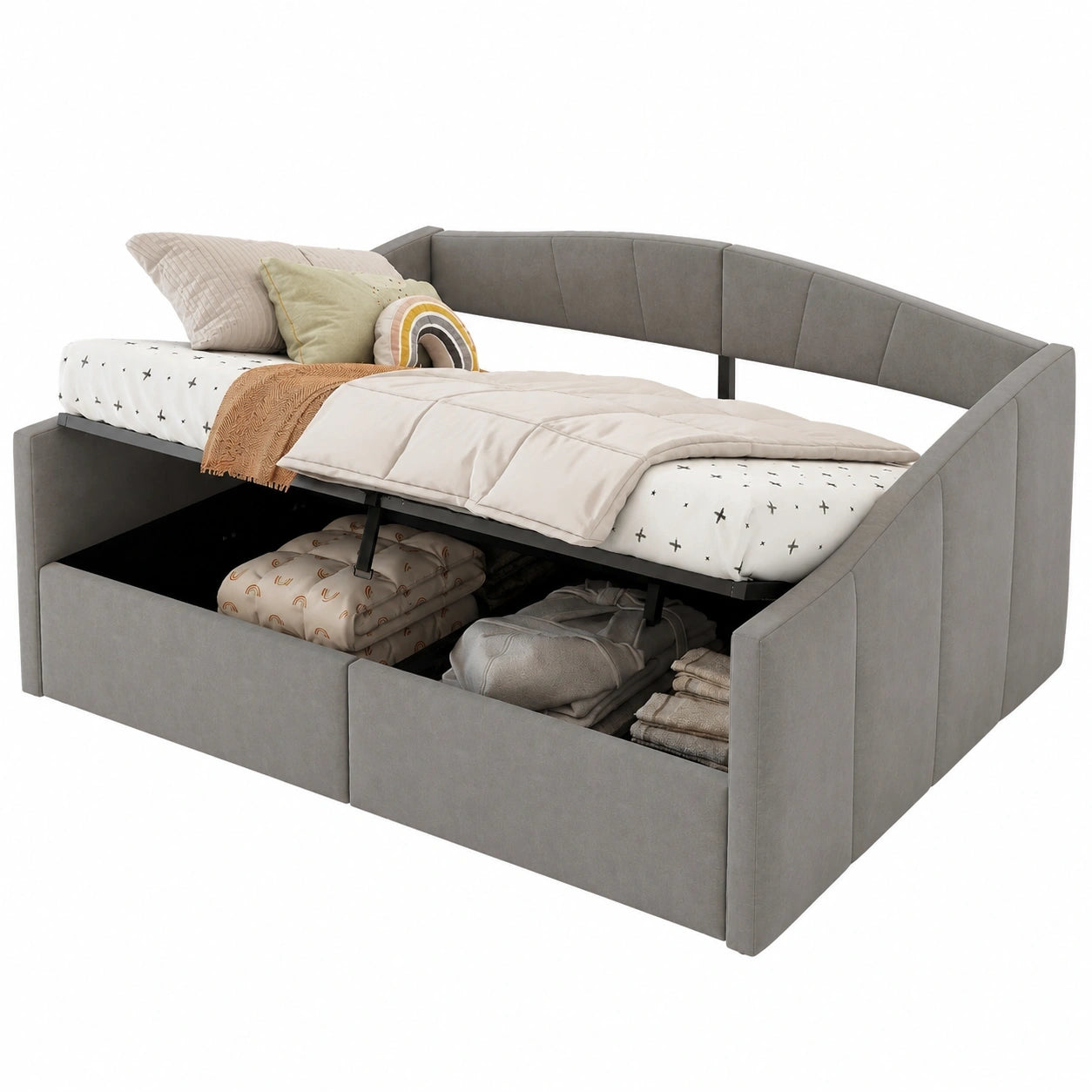 Elegantes Schlafsofa 140x200 cm mit Stauraum und Armlehnen, Samt Grau, Klassisches Design